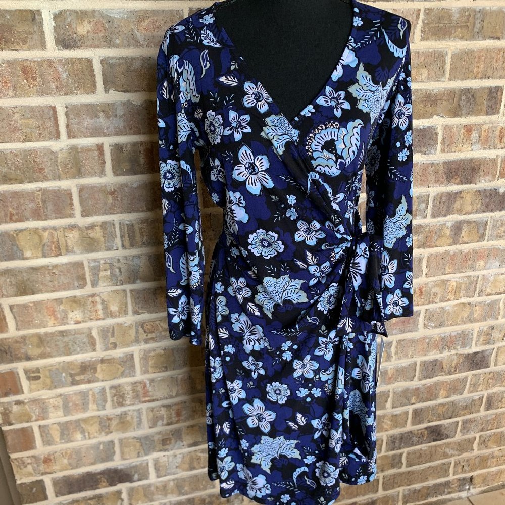 DM collection NWT wrap dress floral print long sleeves stretchy business casual
